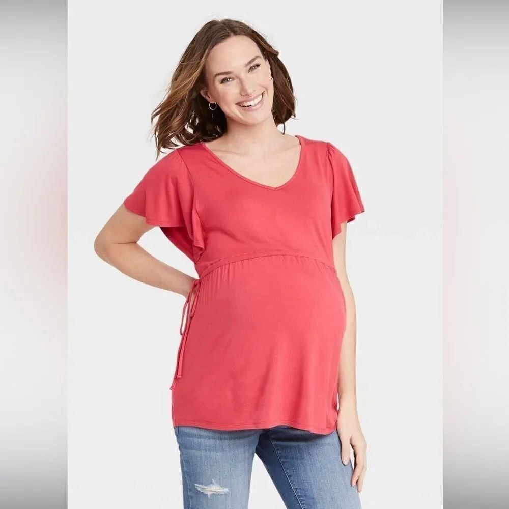 Isabel Maternity Flutter Short Sleeve Tie Waist Maternity Top Coral Res NWT XS